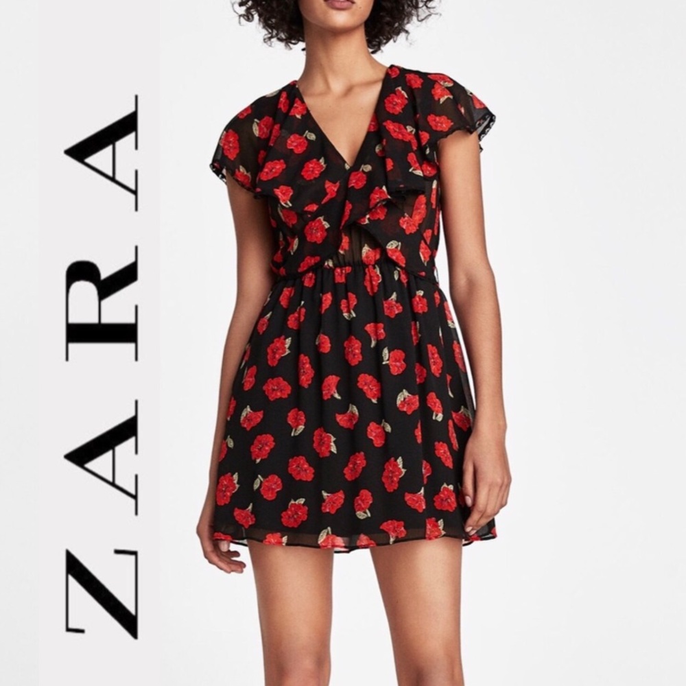 Zara Floral Flowing V Neck Ruffle Dress Red Black